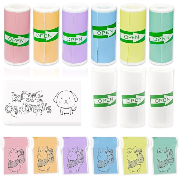 9 Rolls Self-Adhesive Mini Printer Paper - 6 Colors & 3 White Compatible with M02/T02 Printers(Remove Inner Paper Holder), Thermal Sticker Paper for Photos, Lists, Study Notes & Scrapbooking