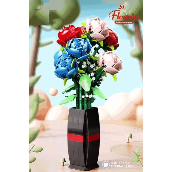 Wizardi Brick Potted Flower - 9 Roses of Eternal Love Building F07M9-3(101)