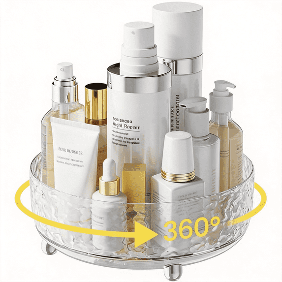 9" Rotating Perfume Organizer, Crystal Makeup Organizer & Skincare Vanity Tray, 360° Lazy Susan Bathroom Storage for Cosmetics & Toiletries, Water Ripple Design, Clear