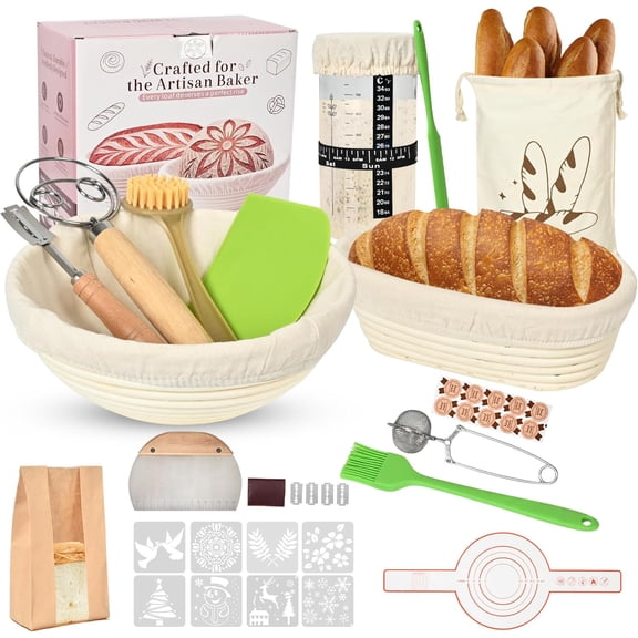 9" Round & 10" Oval Banneton Bread Proofing Basket Set, Sourdough Starter Jar Glass, Complete Sourdough Bread Baking Supplies Making Tools Gifts for Bakers Women Mom