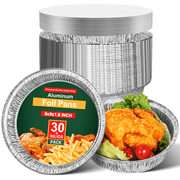 Aluminum Foil Pans with Lids, 9” Round Disposable Tin Foil Cake Pans with Straight Walls for Storing, Baking, Meal Prep & Reheating, Freezer & Oven Safe, Recyclable, 30 Pack of Disposable Pans