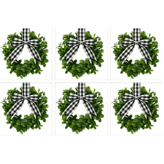 9" Seasonal Boxwood Mini Wreaths for Front Doors - Black & White Gingham Bow & Artificial Greenery, Versatile Spring Decor for Holiday Cabinets Outdoor & Indoor (4PCS)