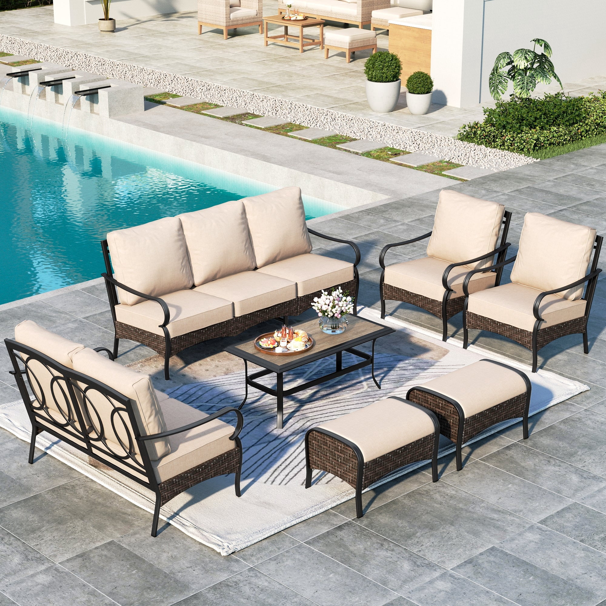 9-Seat Outdoor Patio Conversation Furniture Set with 3-Seat Sofa, Love-Seat Sofa, Fixed Lounge Chair, Ottomans and Wood-Grain Coffee Table, Beige