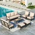 thumbnail image 1 of 9-Seat Outdoor Patio Conversation Furniture Set with 3-Seat Sofa, Love-Seat Sofa, Fixed Lounge Chair, Ottomans and Wood-Grain Coffee Table, Beige, 1 of 12