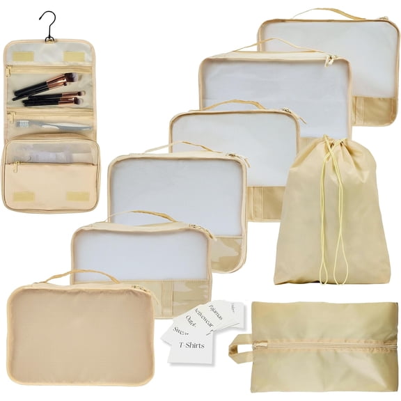 9 Set Packing Cubes - Suitcase Organizer, Cute Packing Cubes, Travel Bags Organizer for Luggage with Hanging Toiletry and Shoe Bag, Travel Essentials for Women, Men and -Beige