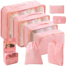 9 Set Packing Cubes for Suitcases, Luggage Organizers with 4 Compressible Packing Cubes, Shoe Bag, Underwear Cube, Cable Organizer & Laundry Bag, Pink