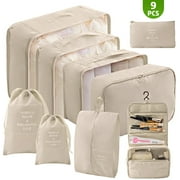 9 Set Packing Cubes for Travel, Durable Luggage Organizer Set with Hanging Toiletry Bag & Shoe Bag, Perfect Gift for Women Mom, Vacation Essentials for Travel Accessories (Cream)