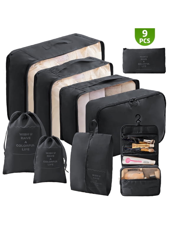 9 Set Packing Cubes for Travel, Durable Luggage Organizer Set with Hanging Toiletry Bag & Shoe Bag, Perfect Gift for Women Mom, Vacation Essentials for Travel Accessories (Black)
