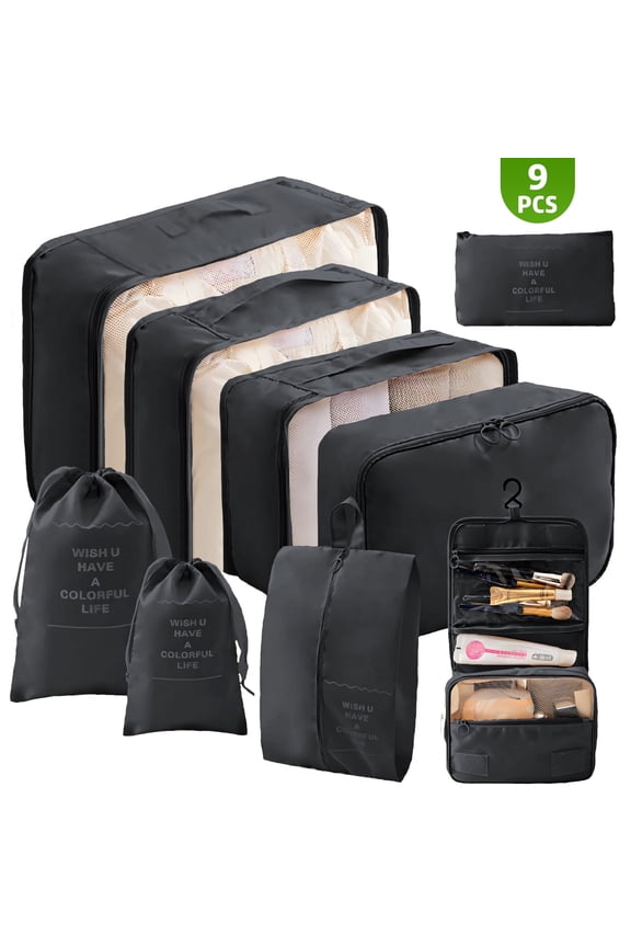 9 Set Packing Cubes for Travel, Durable Luggage Organizer Set with Hanging Toiletry Bag & Shoe Bag, Perfect Gift for Women Mom, Vacation Essentials for Travel Accessories (Black)