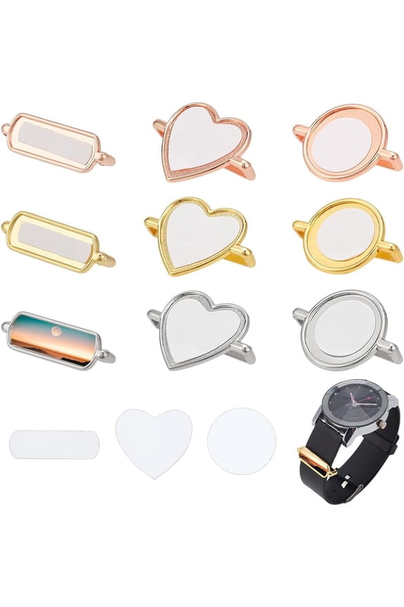 9 Sets 3 Colors Blank Sublimation Watch Beads Name ID Beads for Alloy Heat Transfer Watch Accessories Rectangle Heart Flat Round Sublimation Accessories for Smartwatch for DIY Mixed Shapes