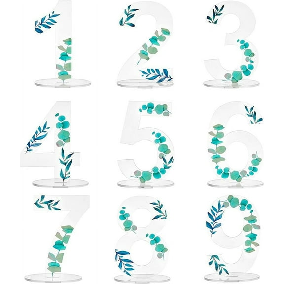 9 Sets Acrylic Wedding Table Numbers Place Cards with Stands 1-9 Clear Table Number Nature Theme Table Numbers for Wedding Reception Event Party Restaurant Decor 2.4x3.1x4.7 inch Cyan 1set