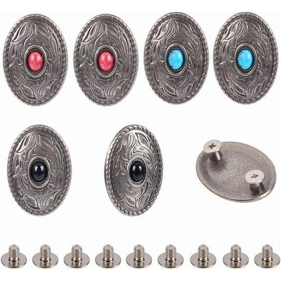 9 Sets/Box Turquoise Oval Button 3 Colors Silver Metal Screw Back Western Conchos Rivets Studs Buckles Vintage Decorative Flat Gemstone for DIY Leather Crafts Belt Purse Hat Decor Colorful