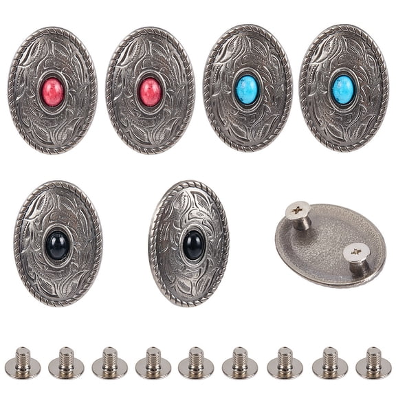 9 Sets/Box Turquoise Oval Button 3 Colors Silver Metal Screw Back Western Conchos Rivets Studs Buckles Vintage Decorative Flat Gemstone for DIY Leather Crafts Belt Purse Hat Decor DIY