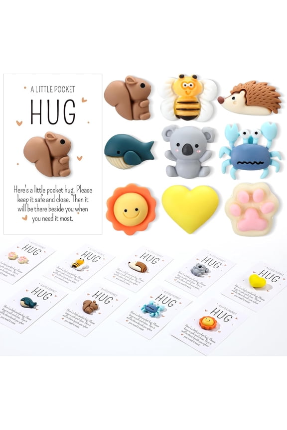 9 Sets Pocket Hug Bulk Little Resin Animal Positive Pocket Hug Token Emotional Gifts with Inspirational Card Back to School Gifts for Friend Family Student(Sweet Style)