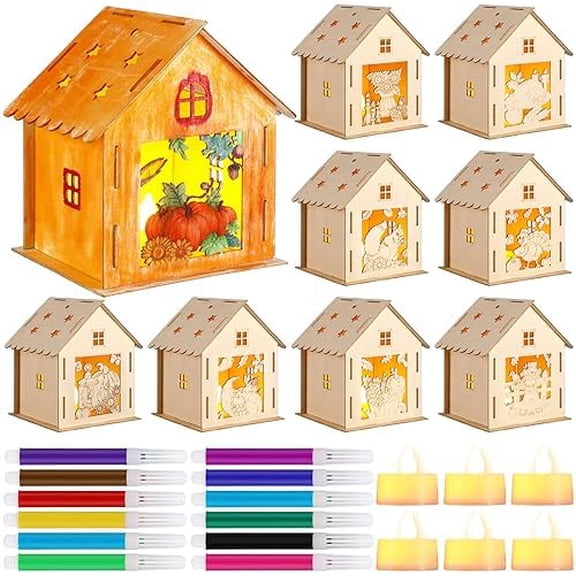 9 Sets Thanksgiving Wooden Houses for Crafts with 12 Pcs Watercolor Pens and 9 Pcs Battery Tea Lights Craft Kits for Fall Harvest Kids Party Supplies DIY Art Paint$$Art & Craft