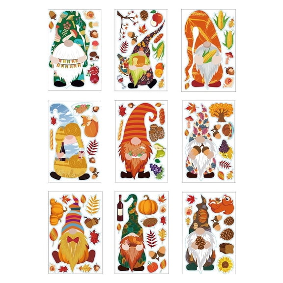 9 Sheet Fall Gnome Window Clings Autumn Tomte Glass Wall Sticker Thanksgiving Festival Party Home Decor