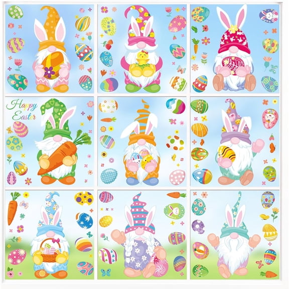 9 Sheets 167PCS Double Sided Happy Easter Eggs Spring Window Clings, Gnomes Easter Window Clings, Glass Windows Kitchen Bathroom Decal Stickers for Kids Home Decor Party Supplies