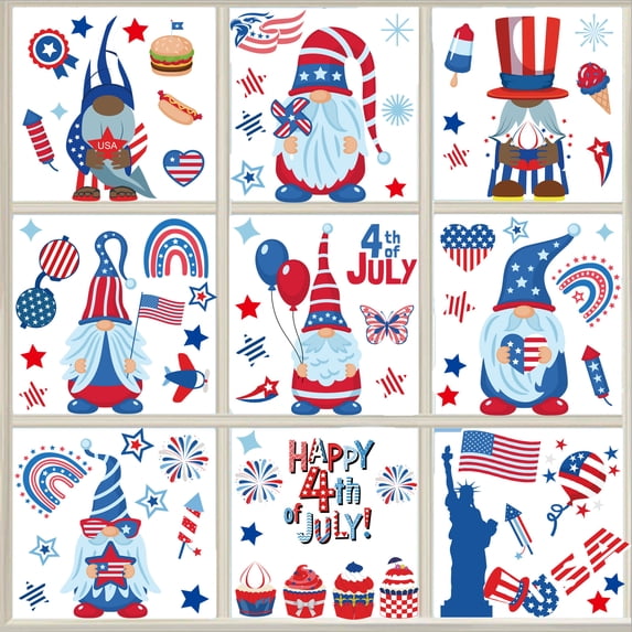 9 Sheets 4th of July Window Clings Independence Day Window Gnome Decal PVC Stickers Patriotic Gnome Stickers, 86 Pieces Stickers Decorations for Home, Office, Classroom