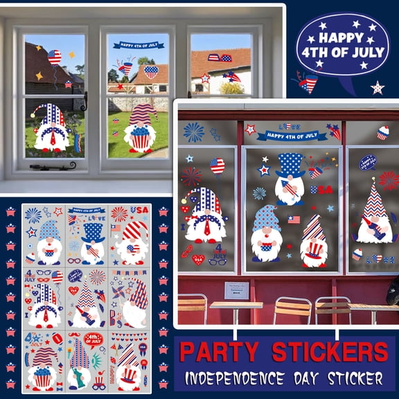 9 Sheets 4th Of July Window Clings, Patriotic Gnome Wall Stickers, Red White Blue Static Decals, Double-Sided Print Independence Day Party Decor, USA Wall Art For Bedroom, Office, Store Window Decor