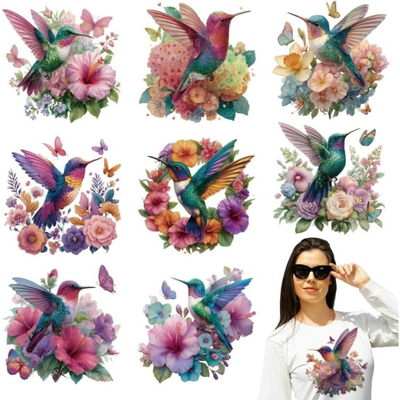 9 Sheets Animal Theme Iron on Decals Patches Hummingbird Iron on Stickers Flower Transfer Stickers PET Washable Patches for DIY Clothes Decor 9 inch(23cm) Long