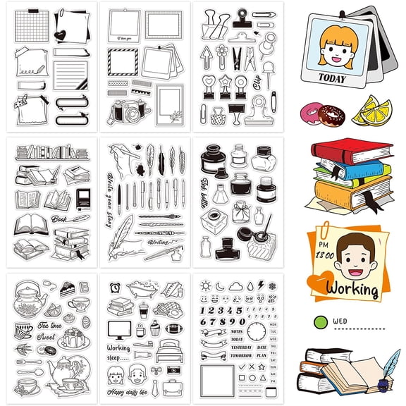 9 Sheets Books and Calendar Planner Clear Stamps for Card Making Pen and Ink Silicone Stamps for DIY Scrapbooking 6.3x4.3inch White