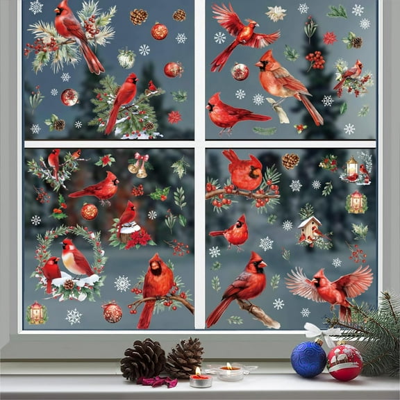 9 Sheets Christmas Cardinal Window Clings, Winter Red Cardinal Bird Poinsettia Pine Cone Glass Stickers, Xmas Kerosene Lamp Tree Branches Seasons Decals for Xmax Holiday Home Decor