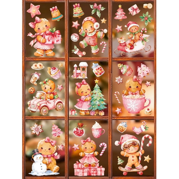 9 Sheets Christmas Window Cling Sticker Pink Gingerbread Man Reusable ...