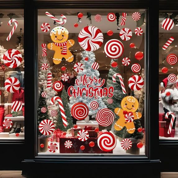 9 Sheets Christmas Window Clings, Candy Cane Christmas Decorations Indoor, Xmas Red Candy Cane Peppermint Wall Stickers Decal Decorations for Home Christmas Party Decor Supplies