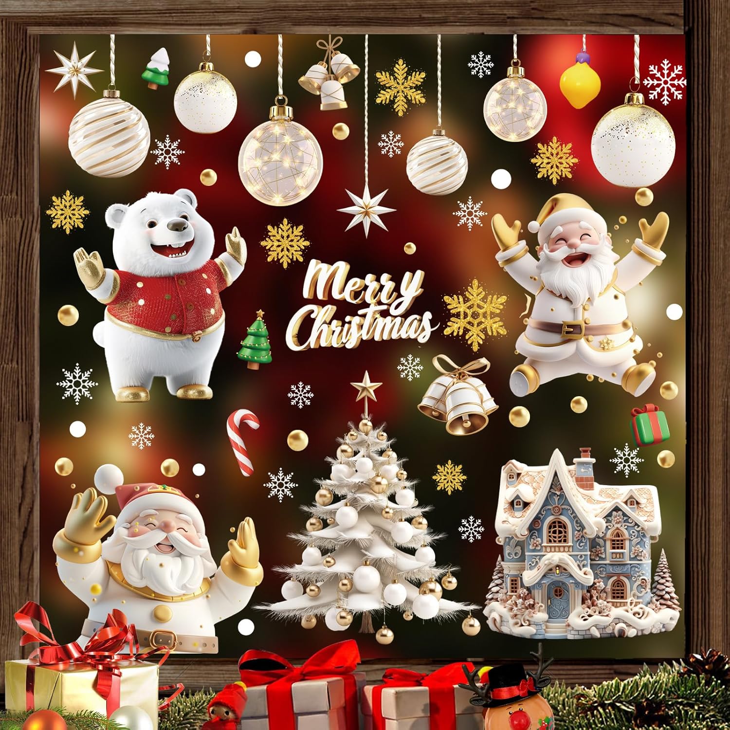 9 Sheets Christmas Window Clings, Santa Snowman Reindeer Christmas