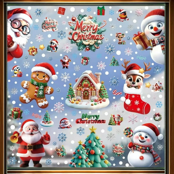 263-Piece Christmas Window Stickers Set - 3D Static Cling Decals with Double-Sided Static Clings with Snowman, Santa, Reindeer for Glass Windows, Mirrors & Smooth Surfaces (9 Sheets)