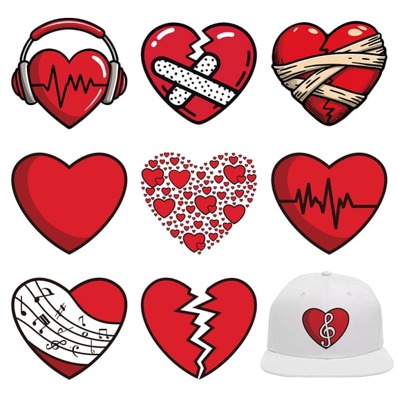 9 Sheets Different Red Heart Iron on Stickers Patch Broken Love Heart Print Transfer Stickers Decals for Families Clothing Hat Decoration Applique