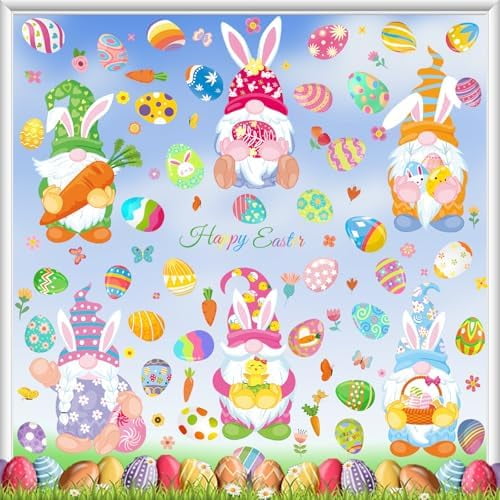 9 Sheets Easter Window Clings Cartoon Egg Bunny Rabbit Chick Sheep Window Decals Spring Gnome Window Decor for Home Office School Shop Glass Display Party Supplies