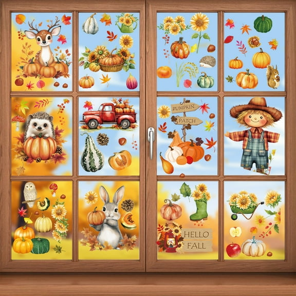 9 Sheets Fall Scarecrow Window Clings Thanksgiving Pumpkin Maple Leaves Window Decals Fall Sunflowers Windows Clings for Autumn Harvest Thanksgiving Office Home Glass Decor