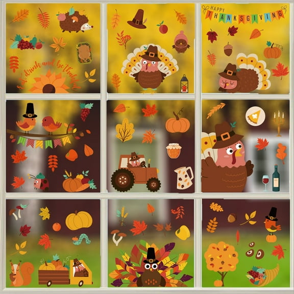 9 Sheets Fall Window Clings, 106Pcs Thanksgiving Window Clings Fall Window Clings for Glass Windows Fall Window Decor for Offices Autumn Leaves Turkey Window Clings Home School Office