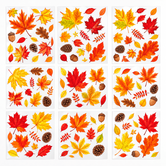 9 Sheets Fall Window Clings Fall Leaves Double-Sided Window Decals Cartoon Autumn Maple Leaf Pine Cone Static Windows Sticker for Thanksgiving