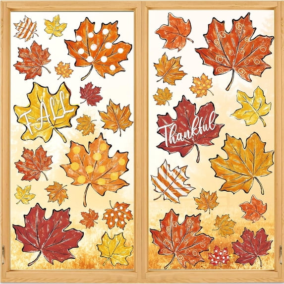 9 Sheets Fall Window Clings Orange Maple Leaves Window Stickers Double ...