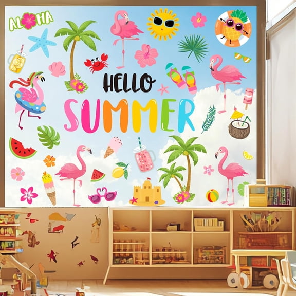 9 Sheets Hello Summer Window Cling Stickers Cartoon Flamingo Hawaiian Beach Window Decals Reusable Decoration for Tropical Party Home Classroom Bedroom