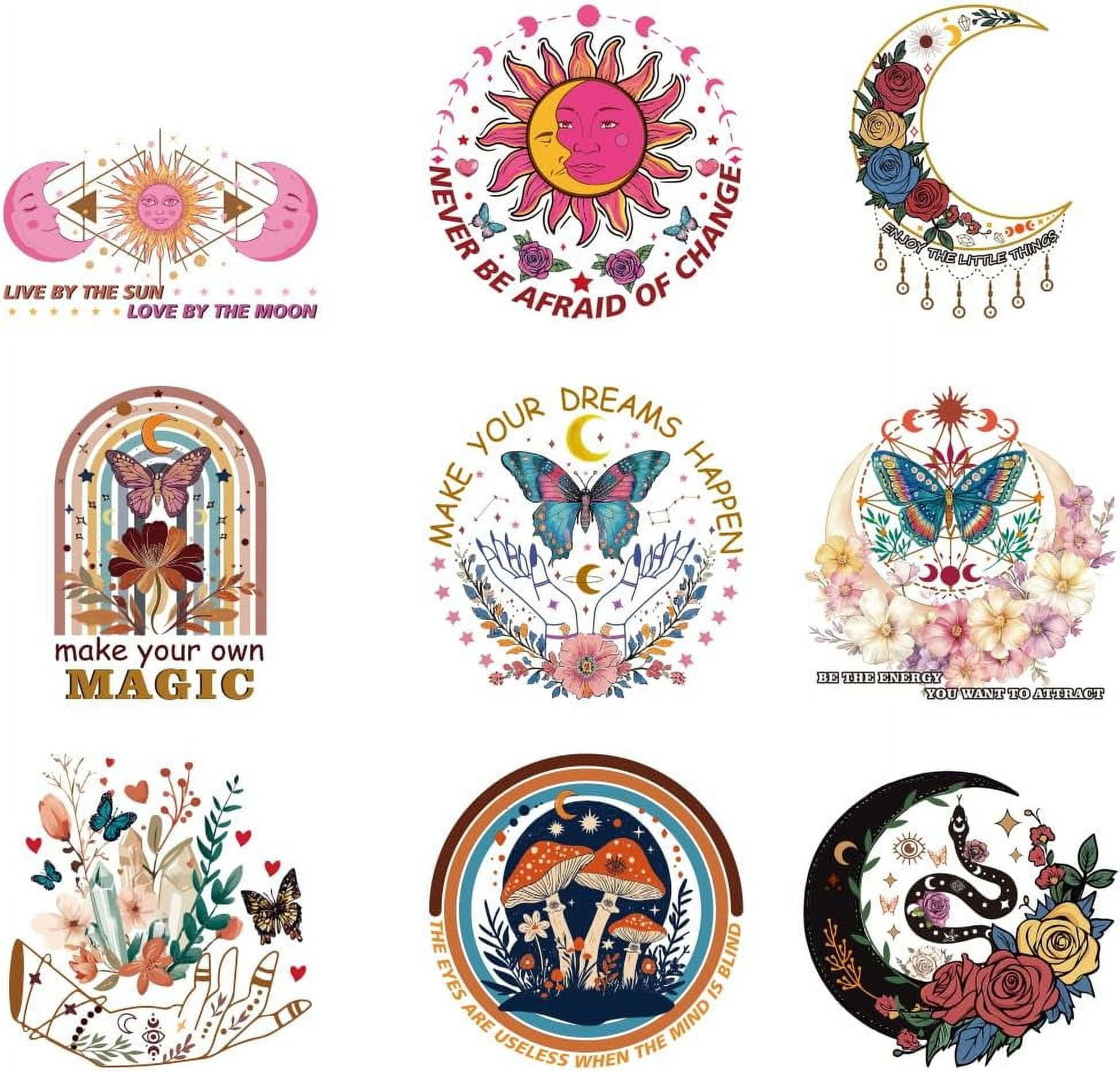 Iron Sticker 9 Sheets Inspirational Theme Iron on Decals Patches Moon Roses Flowers ...