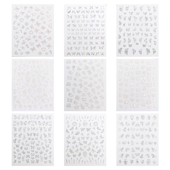 9 Sheets Laser Silver Nail Decals Stickers Self-adhesive Nail Art Supplies for Woman Girls DIY Nail Art Design Butterfly Pattern 10.2x8x0.02cm