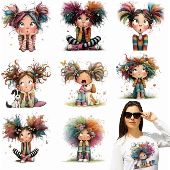 9 Sheets Little Girl Cartoon Iron on Sticker Colorful Explosion Head Cartoon Girl Print Transfer Stickers Decals for DIY T-Shirt Jeans Backpacks Families Clothing Hat Decoration Applique