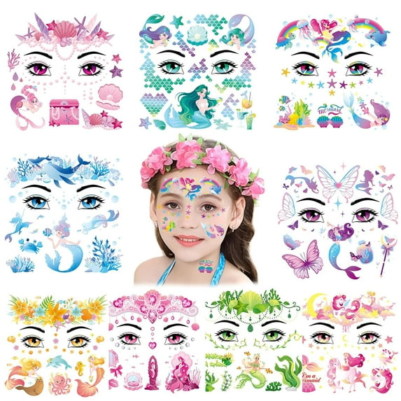 9 Sheets Mermaid Face Tattoos for Kids Girls, Mermaid Painting Temporary Tattoos for Birthday Ocean Theme Party Supplies