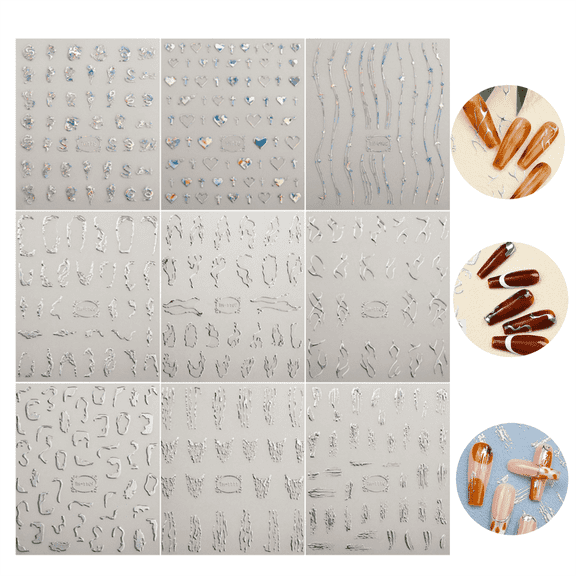 9 Sheets Metallic Silver Lines Nail Stickers,Jademall 3D Wave Lines Nail Art Stickers Irregular French Line Nail Decals Metal Strip Silver Adhesive Stickers for Nails DIY Nail Supplies