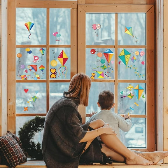 9 Sheets Multicolored Cartoon Kites & Balloons Window Decals Static Removable Reusable Window Decor for Home & Party