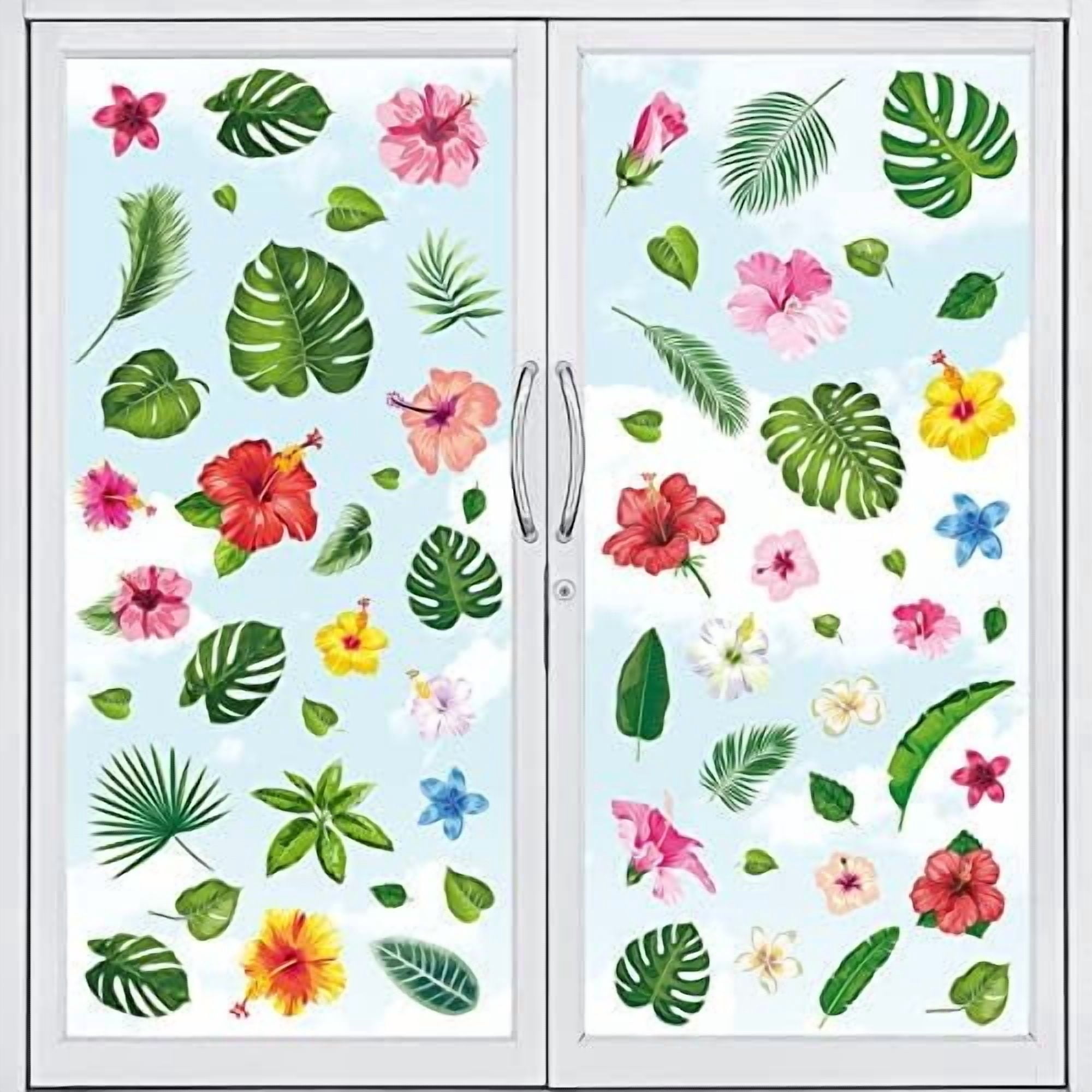 9 Sheets Palm Leaves Window Clings Tropical Hibiscus Flower Window ...