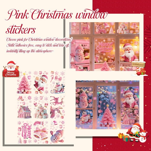 9 Sheets Pink Christmas Window Clings, Static Window Stickers for Glass Doors & Windows, Removable Snowflake Decals for Christmas Holiday Party, New Year, Winter Wonderland Home Decorations