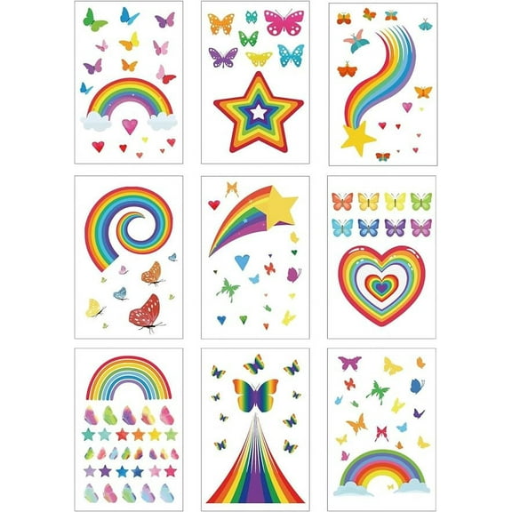 9 Sheets Rainbow Window Clings Heart Butterfly Clouds Star Window Stickers Decals Waterproof for Glass Windows Doors Party Stairway Wall Garden Bedroom Classroom Home Decorations 12x7.6Inch