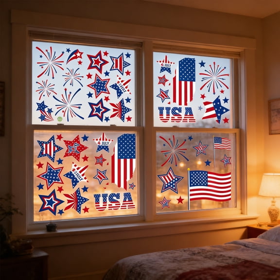 9 Sheets Removable 4th Of July Window Clings Stickers with Red White Blue Star and American Flag Patterns Reusable Window Decals for Independence Day Party Home Office Glass Door Decor, Multicolor