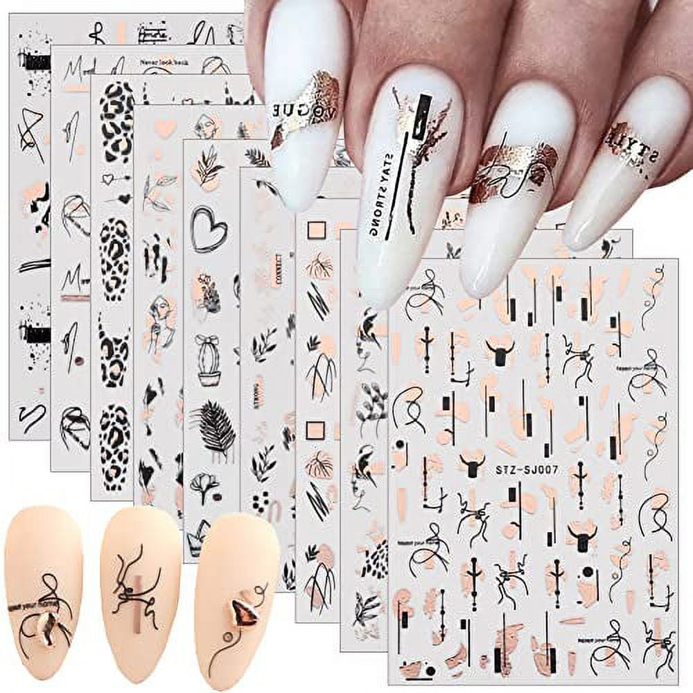 9 Sheets Rose Gold Nail Art Stickers Decal,Nail Supplies Graffiti Fun