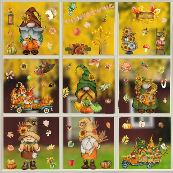 9 Sheets Spring Autumn Window Clings Fall Decor Thanksgiving Decorations Double-Sided Reusable Peel and Stick Removable for Glass Living Room Nursery Room Home Office Thanksgiving Gnomes