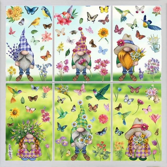 9 Sheets Spring Gnome Window Clings, Gnome & Floral Butterfly Hummingbird Stickers for Home & Storefront Decor